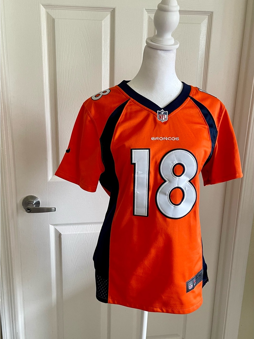 Nike Orange and Navy Broncos #18 Football Jersey